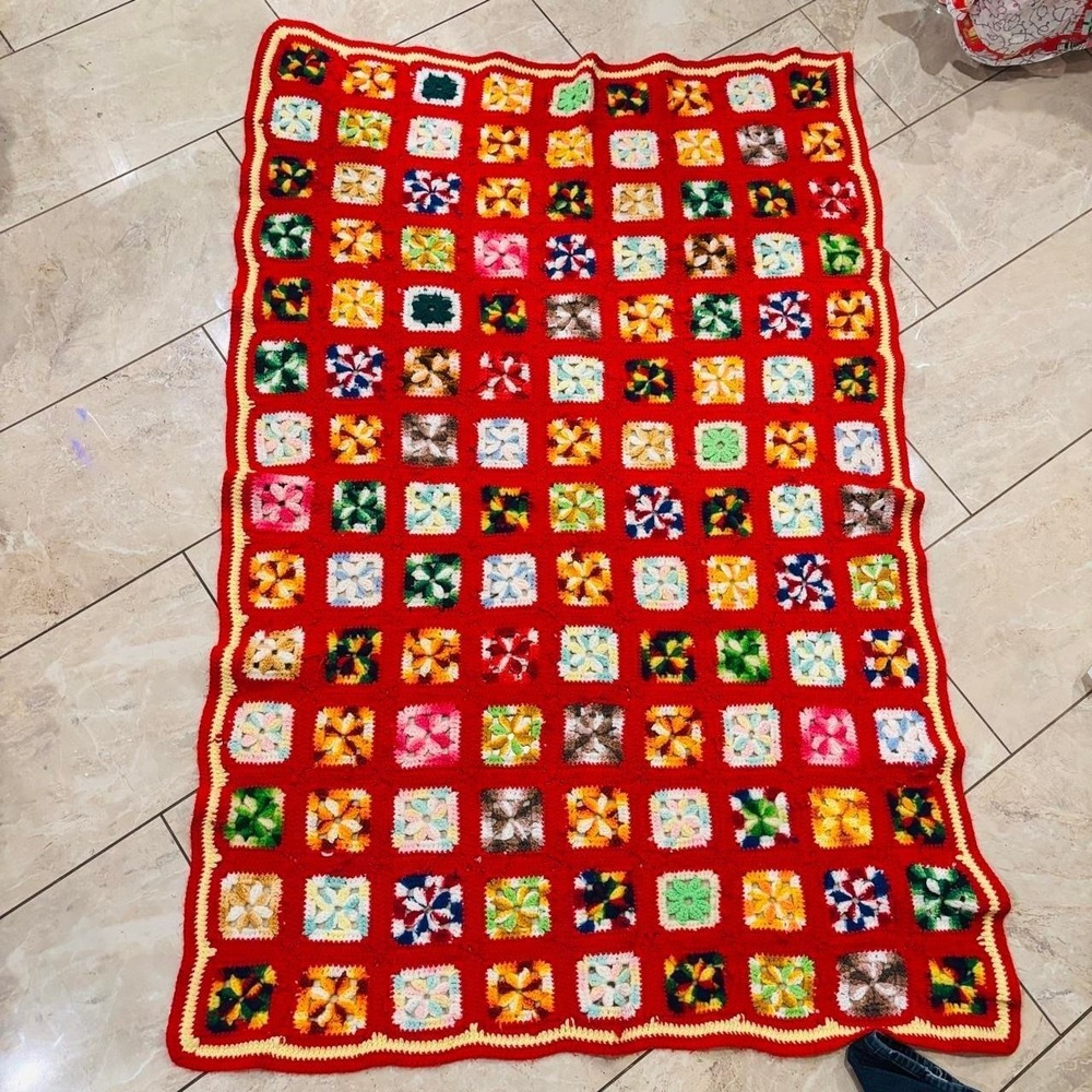 Vintage Granny Square Crochet Blanket Throw Afghan Multicolor Red 42x62